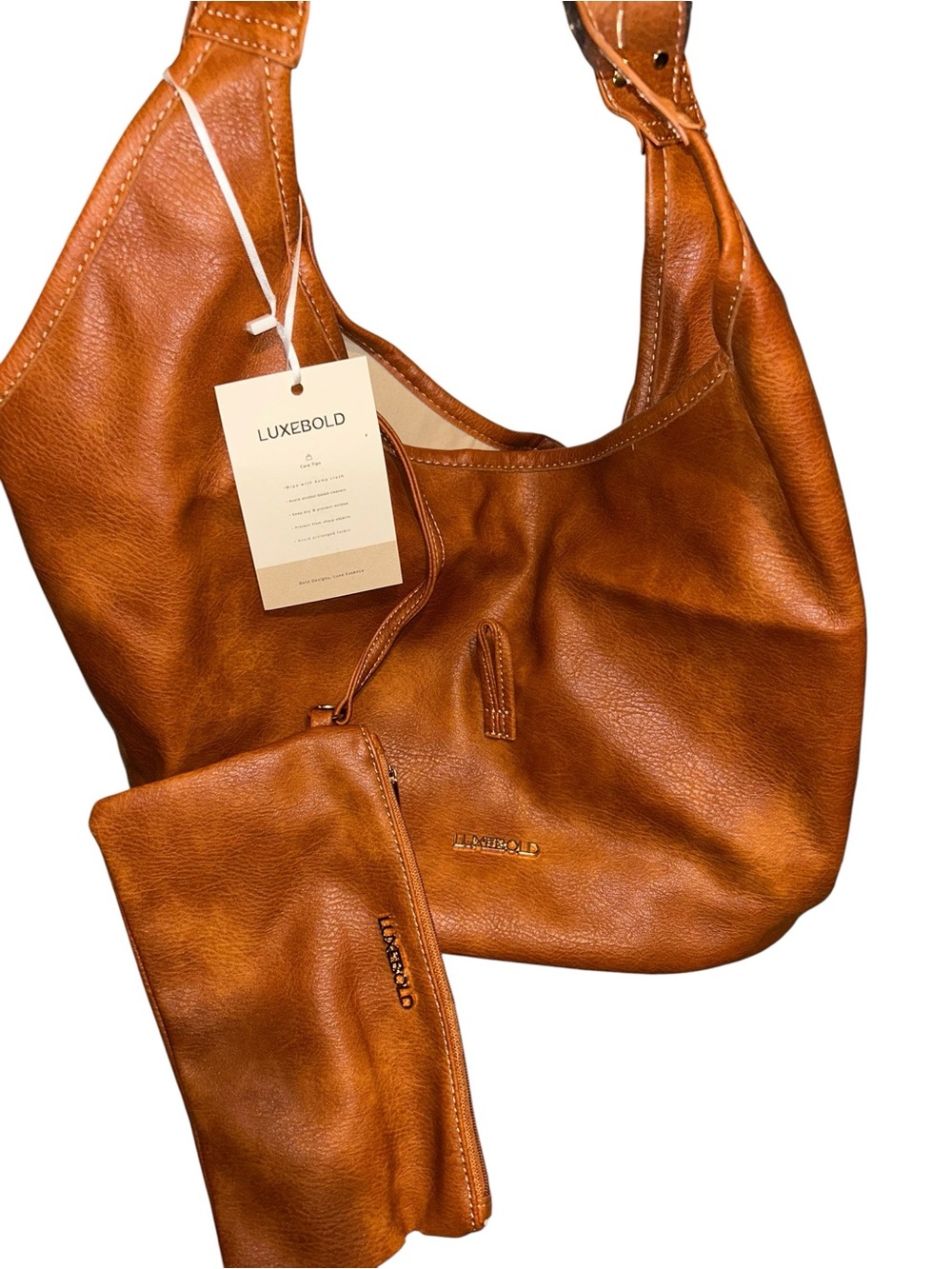 LUXEBOLD Tan Leather Hobo Bag with Wristlet